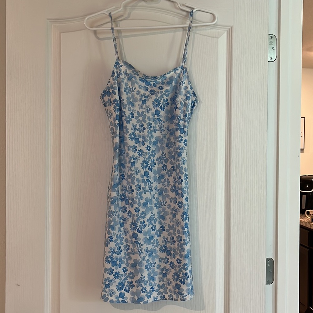 Blue and white floral slip mini dress
